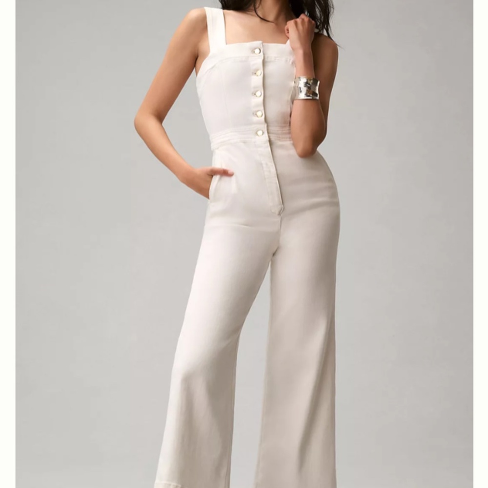Anthropologie Cream Button-Front Wide-Leg Jumpsuit